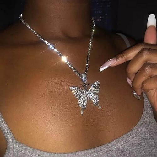 YienDoo Crystal Butterfly Necklace Choker Silver CZ Rhinestone Tennis Chain Sparkly Large Butterfly Pendant Necklace Charm Bling Crystal Butterfly Prom Necklace Jewelry Gift for Women