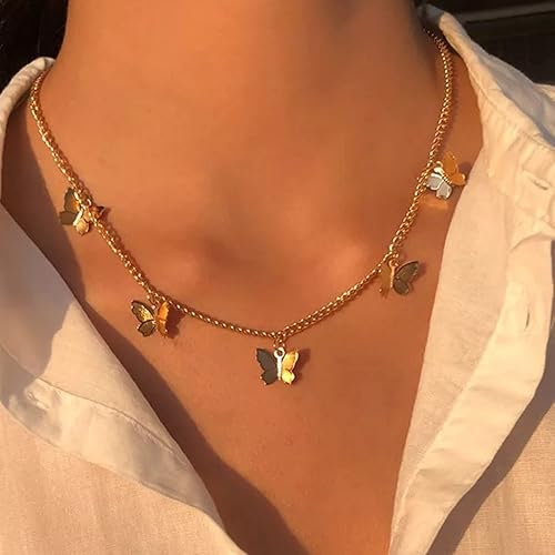 SHERLOVE Dainty Gold Butterfly Necklace for Women,18k Gold Plated Choker Necklaces for Women Waterproof & Daily & Simple, Gold Jewelry for Women - 5 Butterfly Choker Necklace Gold