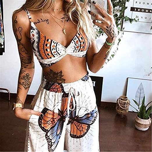 Women's 2 Piece Boho Summer Outfits Bohemian Floral Butterfly Print Sexy Crop Tops Wide Leg Loose Palazzo Pants 2Pcs Set (A-Butterfly White, Medium)