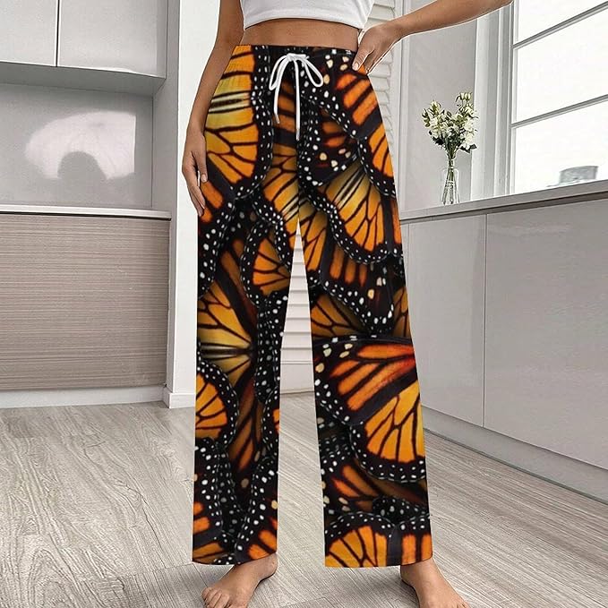 NiYoung Women's Comfy Stretch Heaps Of Orange Monarch Butterflies Drawstring Wide Leg Lounge Pant, XX-Large