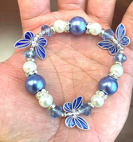 Butterfly Bracelet for Women, Glass Beaded Stretch Jewelry, Birthday Christmas Gift for Her, 1 pc (Blue)