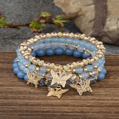 4Pcs Set Bohemian Butterfly Crystal Stone Stretch Pendant Bracelets for Women Gold Beaded Stackable Stretch Bracelet Colorful Charm Jewelry Boho Summer Beach-Blue