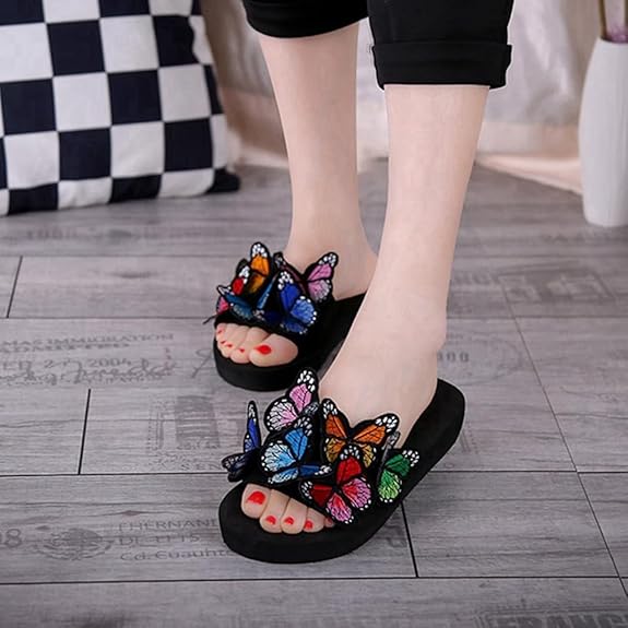 MIOKE Summer Flat Slide Sandals For Womens Butterfly Platform Low Heel Comfy Nonslip Casual Beach Sandals Multicoloured 8 M US