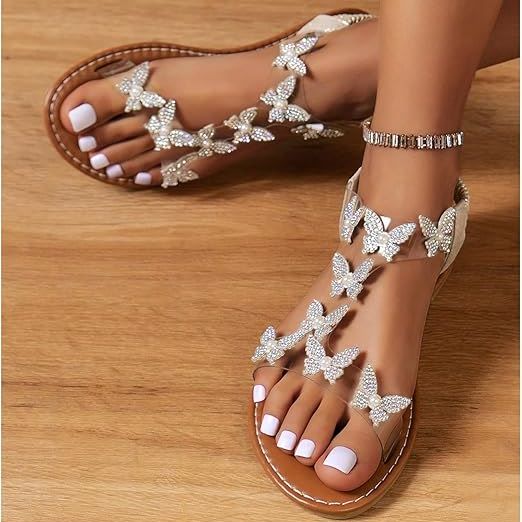 GORGLITTER Women's Clear Butterfly Ankle Strap Sandals Dressy Cute Strappy Open Toe Vacation Flats Sandal Brown 8