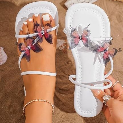 Shesnugin Women's Thong Sandals with Butterfly Cute Square Open Toe Flat Sandals Arch Buckle Strip Ring Toe Flip Flops Crossy Strappy Slide Sandals for Summer Beach Vacation