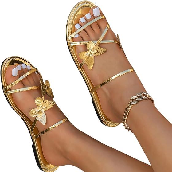 GORGLITTER Women's Beach Summer Gold Sandals Strappy Flat Cute Sandals Wedding Flats Sandals 9