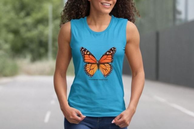 una mujer con una camiseta sin mangas con un estampado de mariposa