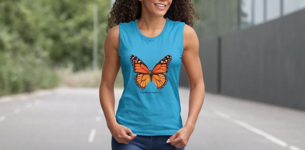 una mujer con una camiseta sin mangas con un estampado de mariposa