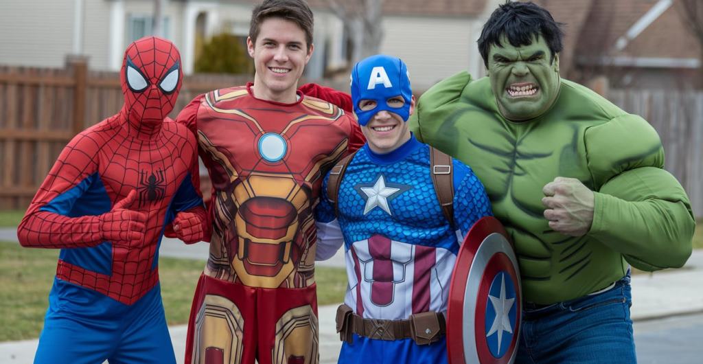 grupo de 4 amigos con disfraces de personajes de marvel: hombre araña,  ironman, capitan america, hulk.